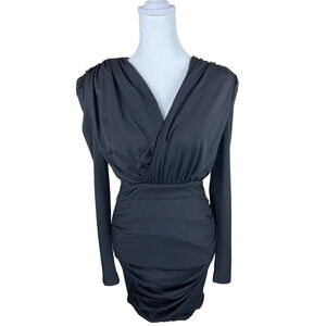 Nasty Gal Dress Womens 4 black Satin Bodycon Holiday Long Sleeve Ruched